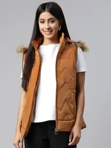 Foreign Culture By Fort Collins Women Tan Brown Padded Jacket with Detachable Hood