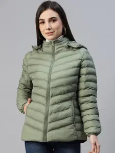Foreign Culture By Fort Collins Women Green Solid Padded Jacket with Detachable Hood