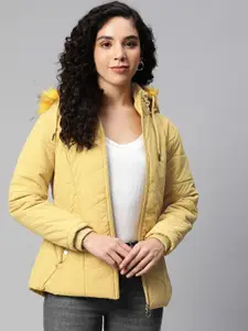 Foreign Culture By Fort Collins Women Yellow Solid Parka Jacket with Detachable Hood