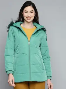 Foreign Culture By Fort Collins Women Green Insulator Parka Jacket with Detachable hood