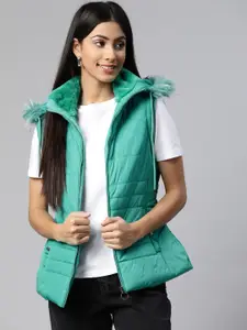 Foreign Culture By Fort Collins Women Sea Green Padded Jacket with Detachable Hood