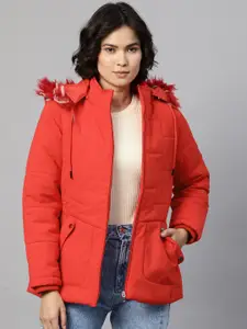 Foreign Culture By Fort Collins Women Red Solid Parka Jacket with Detachable Hood