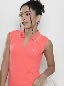 Nautica Women Peach-Coloured Solid Polo Collar Sleeveless T-shirt Dress