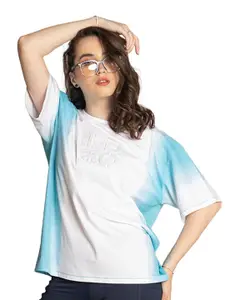 EDRIO Women Blue & cultured Extended Sleeves Pure Cotton Applique Oversized  T-shirt