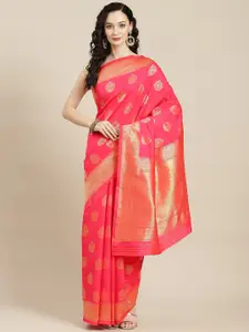 Ishin Pink & Golden Ethnic Motifs Woven Design Zari Art Silk Banarasi Saree with Blouse