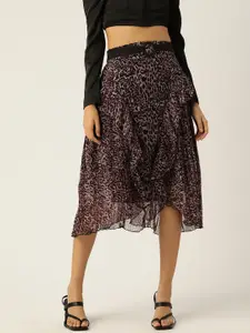 Antheaa Women Purple & Black Animal Print Frilled Pleated A-Line Skirt