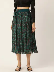 Antheaa Women Green & Maroon Printed Pleated A-Line Midi Skirt