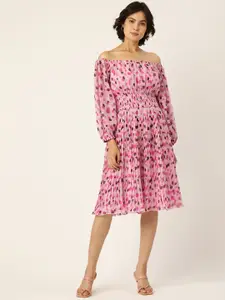 Antheaa Pink Off-Shoulder Chiffon A-Line Midi Dress