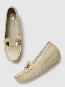 Marc Loire Women Cream Textured Buckled Lightweight Wedge Loafers