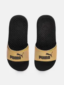 Puma Women Gold-Toned Brand Logo Cool Cat Distressed Sliders