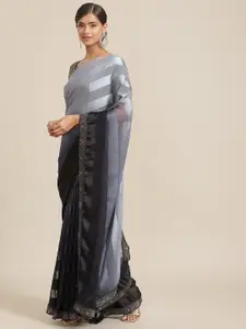 Kalista Grey & Black Satin Striped Saree