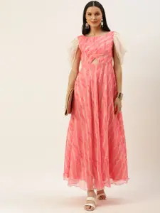 Ethnovog Women Pink  Off White A-Line Maxi Made To Measure Dress