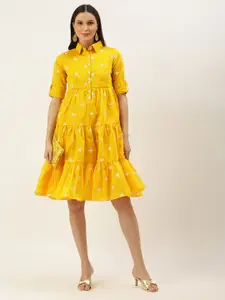 Ethnovog Yellow Chanderi Cotton Ethnic Motifs Embroidered A-Line Dress