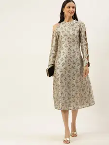 Ethnovog Women Off White  Brown Floral Print A-Line Made To Measure Dress