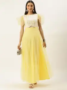 Ethnovog Women Yellow  White Made To Measure White Embroidered  Gown
