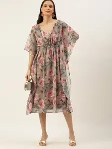 Ethnovog Women Grey  Pink Floral Print Georgette Kaftan Made To Measure Dress