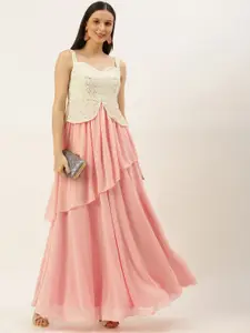 Ethnovog Women Pink  Cream-Coloured Floral Georgette A-Line Maxi Made To Measure Dress