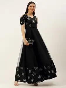 Ethnovog Women Black Made To Measure Embroidered Cold-Shoulder Gown