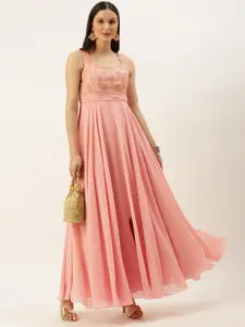 Ethnovog Women Pink  Gold-Toned Embellished Georgette A-Line Maxi Made To Measure Dress