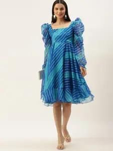 Ethnovog Women Blue  White Lehriya Print A-Line Made To Measure Dress