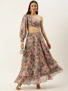 Ethnovog Grey  Pink Made To Measure Floral Cut-out Georgette Maxi Dress
