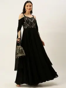 Ethnovog Women Black  Gold-Toned Embellished Georgette A-Line Made To Measure Dress