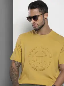 Tommy Hilfiger Men Yellow Solid Brand Logo Embossed Pure Cotton T-shirt
