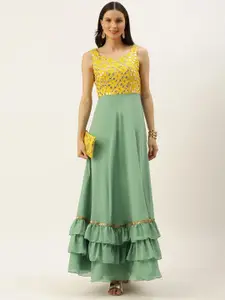 Ethnovog Women Green  Yellow Embellished Georgette A-Line Made to Measure Maxi Dress
