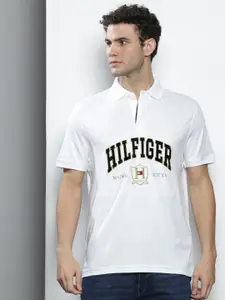 Tommy Hilfiger Men White & Black Brand Logo Polo Collar T-shirt