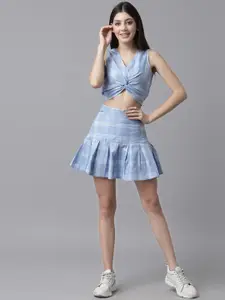 KASSUALLY Women Blue & White Checked Top with Skirt