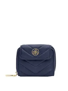 Eske Women Navy Blue & Gold-Toned Quilted Leather Zip Around Wallet