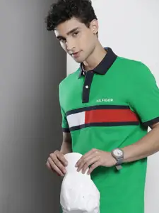 Tommy Hilfiger Men Green & Red Colourblocked Polo Collar Pure Cotton Casual T-shirt