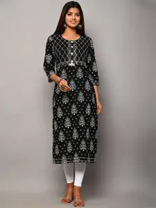 Swasti Women Black Geometric Printed Flared Sleeves Chikankari Floral Kurta