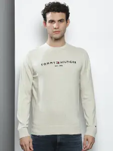 Tommy Hilfiger Men Beige & Navy Blue Brand Logo Printed Sweatshirt