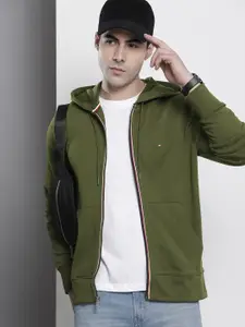 Tommy Hilfiger Men Olive Green Solid Pure Cotton Hooded Sweatshirt