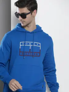 Tommy Hilfiger Men Blue Printed Hooded Organic Cotton Sweatshirt