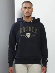 Tommy Hilfiger Men Navy Blue & Yellow Cotton Embroidered Hooded Sweatshirt