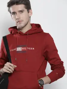 Tommy Hilfiger Men Red Brand Logo Embroidered Hooded Sweatshirt