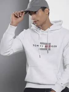 Tommy Hilfiger Men Grey Brand Logo Embroidered Hooded Sweatshirt