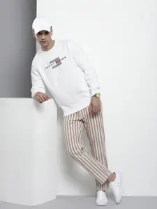 Tommy Hilfiger Men White Striped Brand Logo Sweatshirt