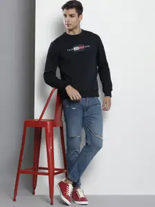 Tommy Hilfiger Men Black Brand Logo Embroidered Round Neck Solid Sweatshirt