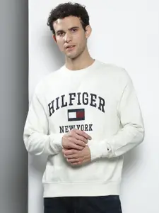 Tommy Hilfiger Men Off White & Navy Blue Embroidered Cotton Sweatshirt