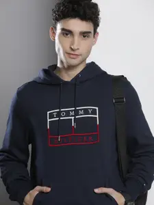 Tommy Hilfiger Men Navy Blue Applique Detailed Hooded Pure Cotton Casual Sweatshirt