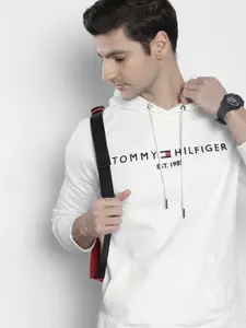 Tommy Hilfiger Men White Brand Logo Embroidered Pure Cotton Hooded Sweatshirt