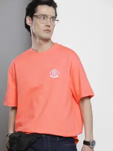 Tommy Hilfiger Men Peach-Coloured Brand Logo Drop-Shoulder Sleeves T-shirt
