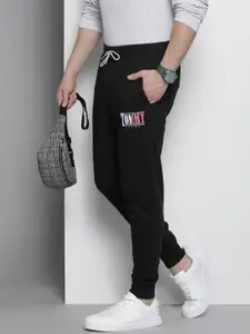 Tommy Hilfiger Men Black Brand Logo Printed Slim Fit Joggers Trousers