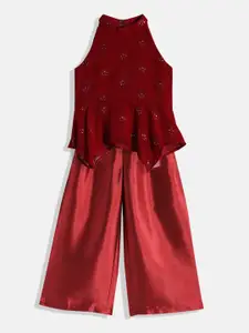 Ethnovog Girls Maroon Embroidered  Sequinned Made To Measure Top with Palazzos