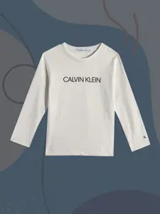 Calvin Klein Jeans Boys Off-White Brand Logo Printed Pure Cotton T-shirt