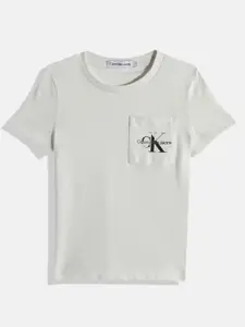 Calvin Klein Jeans Boys Off-White Brand Logo Printed Pure Cotton T-shirt