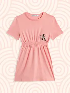 Calvin Klein Jeans Girls Pink Solid Smocked Pure Cotton T-shirt Dress